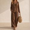 Women's V-Neck Button Long Sleeve Top and Wide Leg Pants Two-Piece Set Color Casual Suit