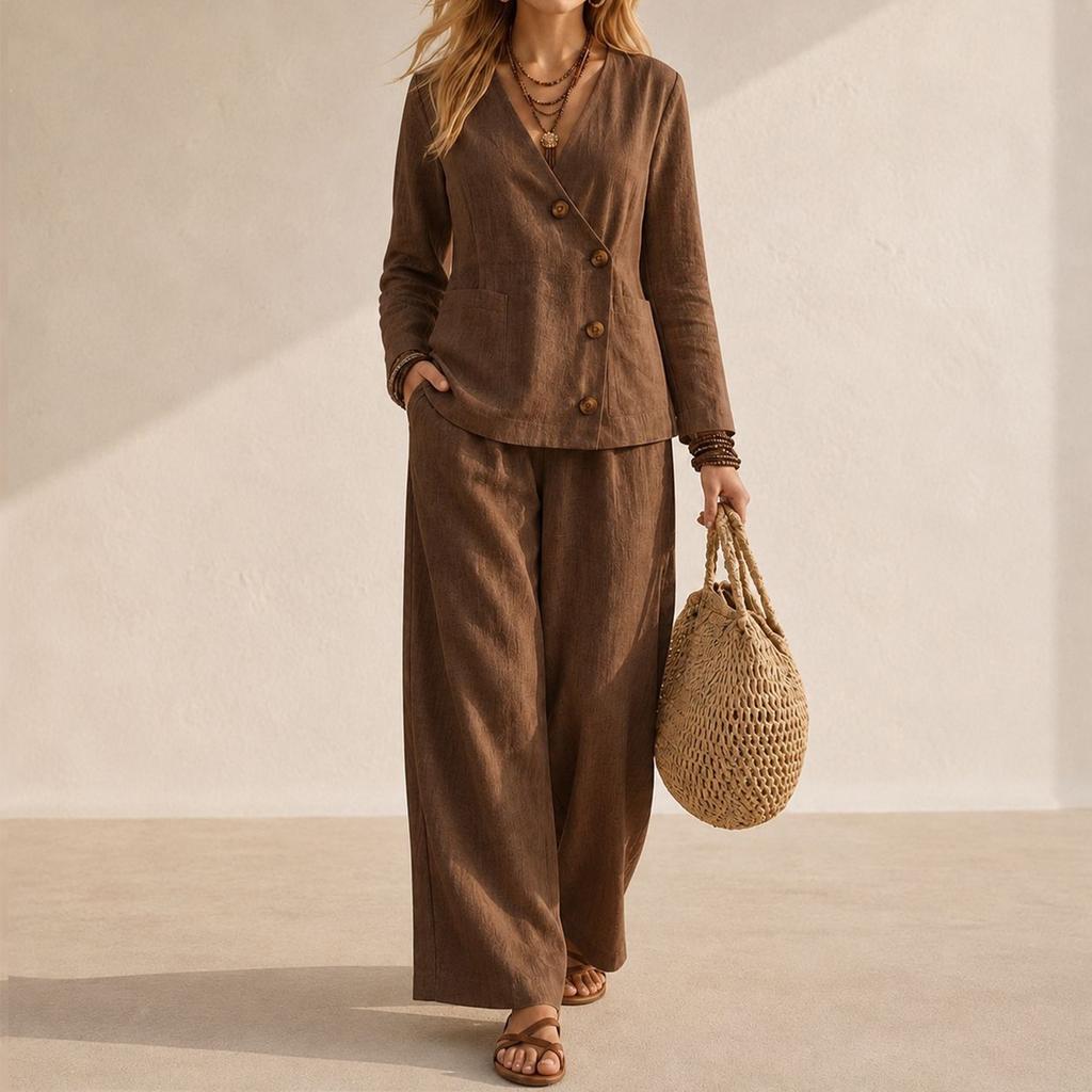 Women's V-Neck Button Long Sleeve Top and Wide Leg Pants Two-Piece Set Color Casual Suit