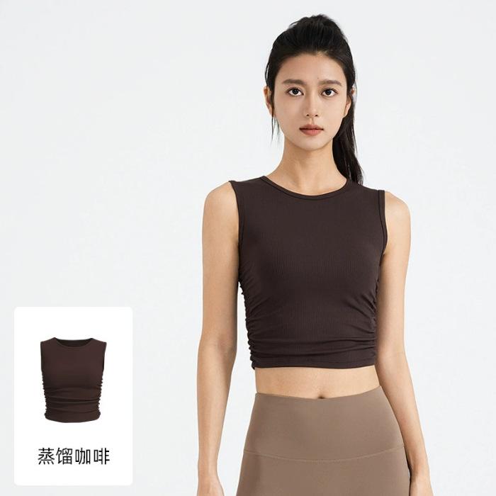 

Summer new pleated sleeveless sports vest waist slim yoga women s top 2XL