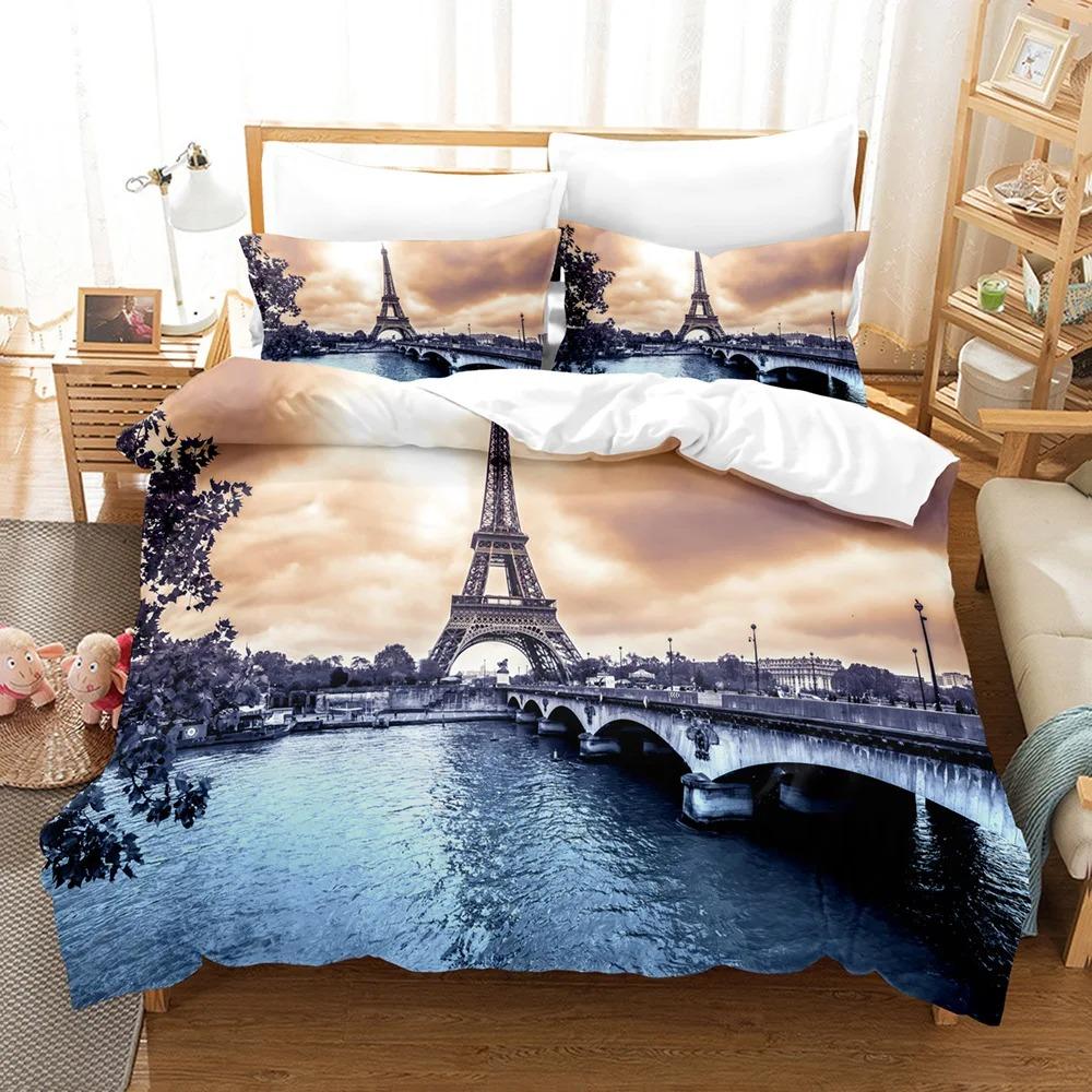 Eiffel Tower Duvet Cover Set Europe City Building Theme Flower Bedding Set Polyester King Queen Size Quilt Cover For Teens Kids