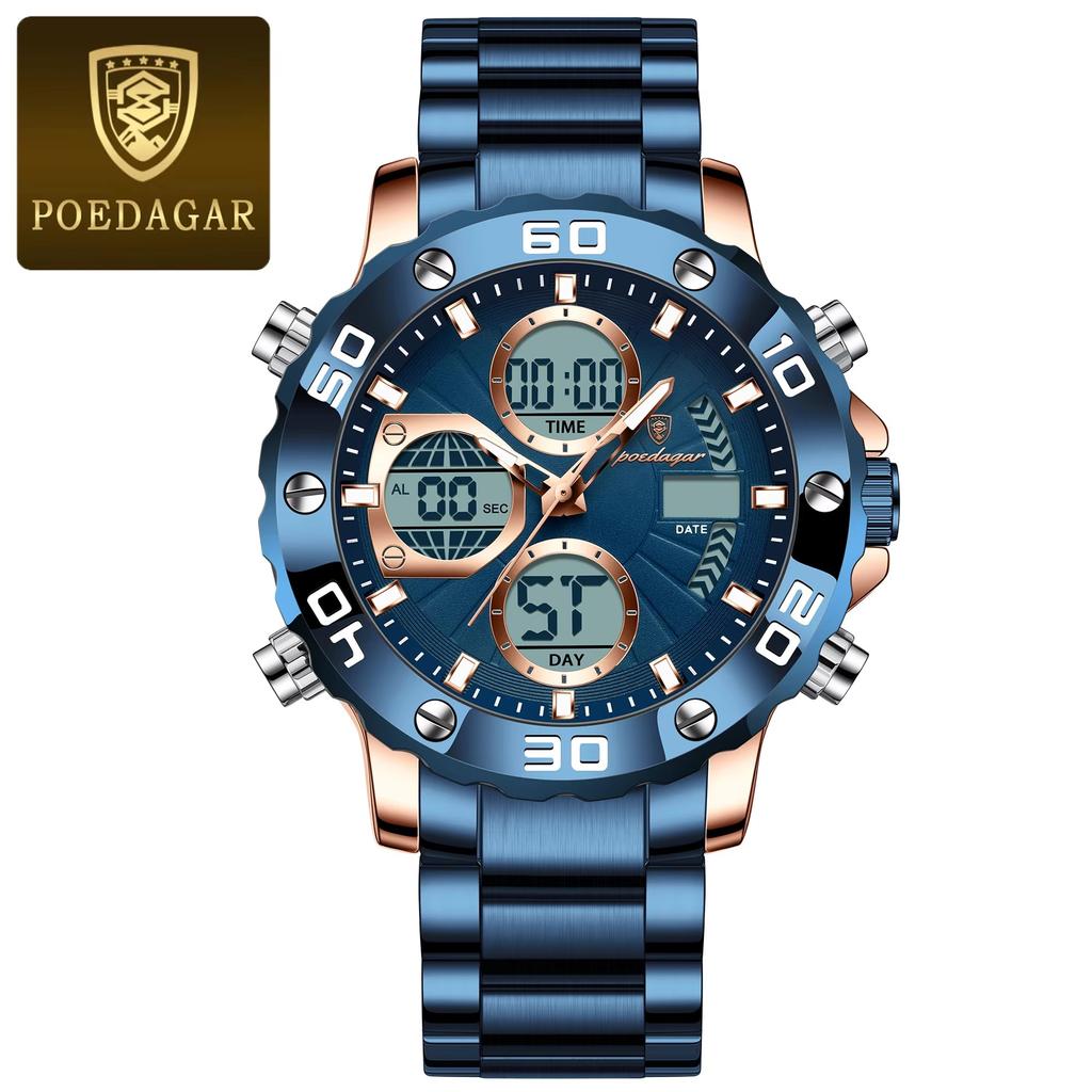 Poedagar E102 Analog Digital Quartz Men Watch Steel Band LED Dual Time Sport Watch Luminous Waterproof Chronograph Style