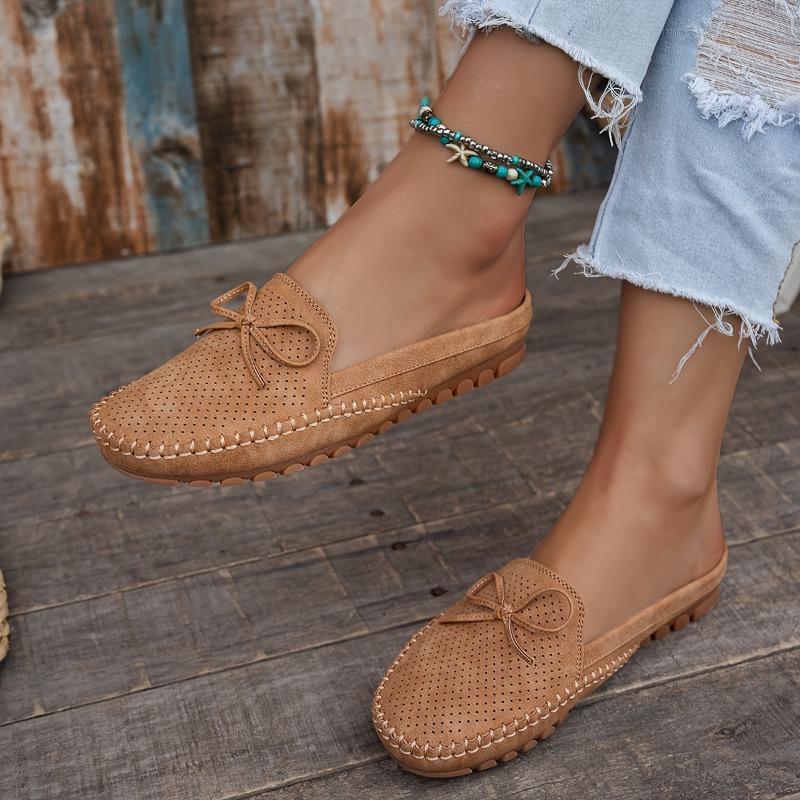 Women's Retro Bow Flat Mules - Soft, Comfortable, Breathable Slip-On Sandals in Pink Perforated PU Cover with TPR Sole and Fabric Lining