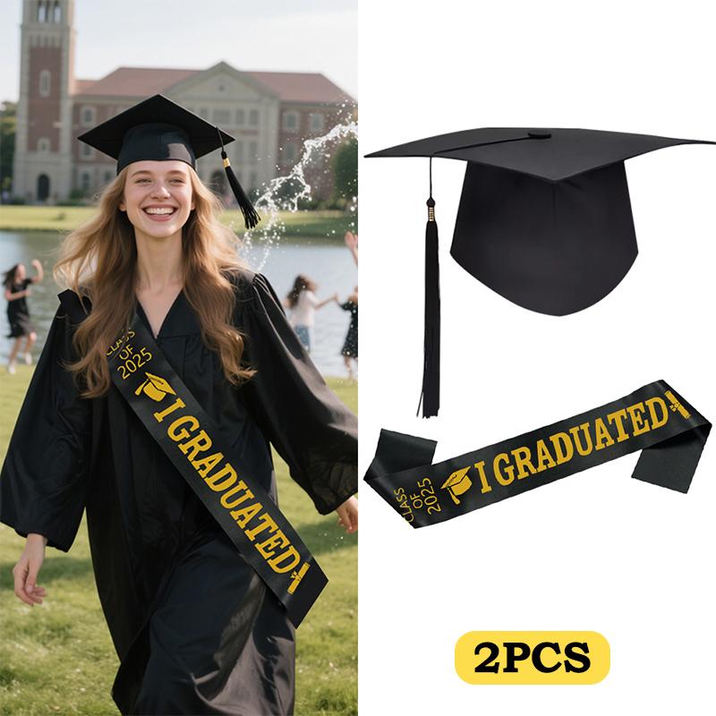 1/2/3Pc Class Of 2026 Black Golden Satin Sash Bachelor Cap With Tassel Graduation Shoulder Strap Congrats Grad Party Photo Props