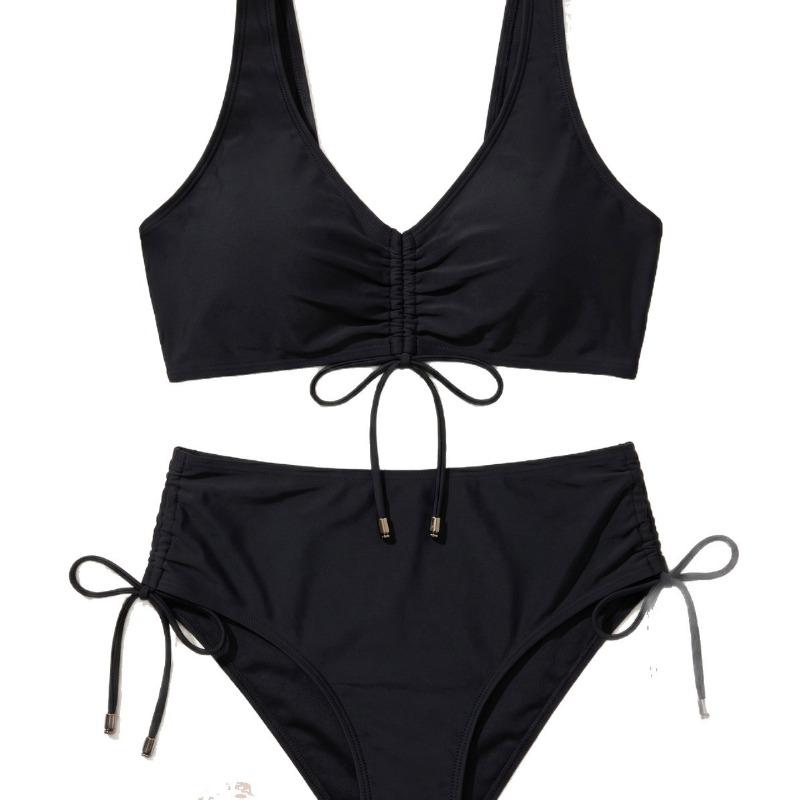 2026 New European and American Beach Solid Color Women's Simple Pleated Tether Swimsuit Bikini Set