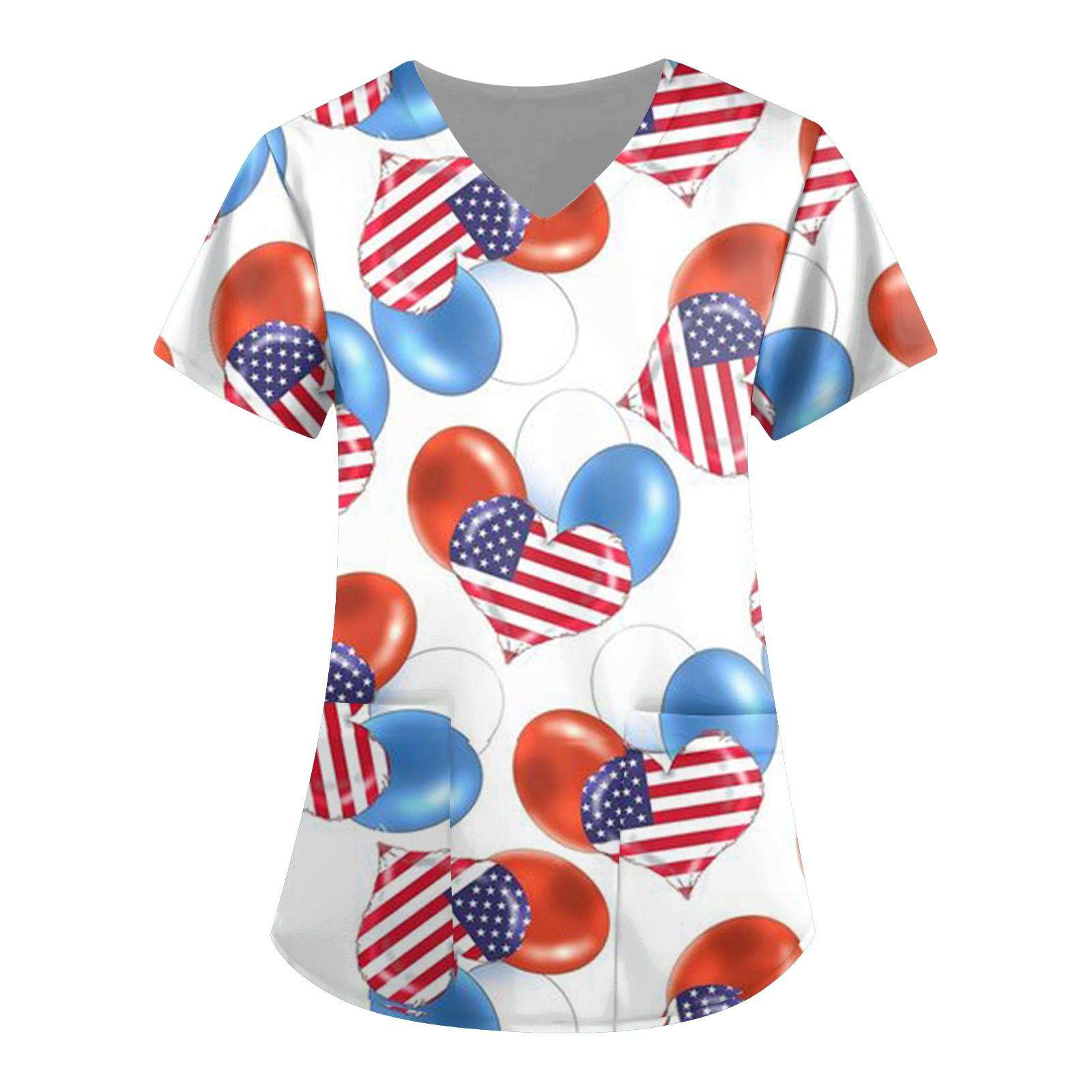 

(СУ)Жіноча робоча блузка з принтом з V-подібним вирізом і короткими рукавами до Дня незалежності XL білий