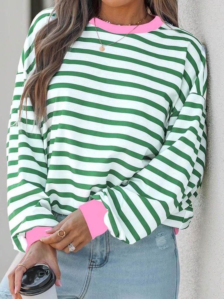 2026 Autumn/Winter Women's Round Neck Striped Long Sleeve Loose T-shirt