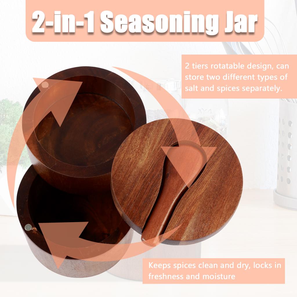 Acacia Wood Salt and Pepper Bowl with Swivel Lids and Spoon Salt and Pepper Storage Boxes Spice Seasoning Container for Kitchen