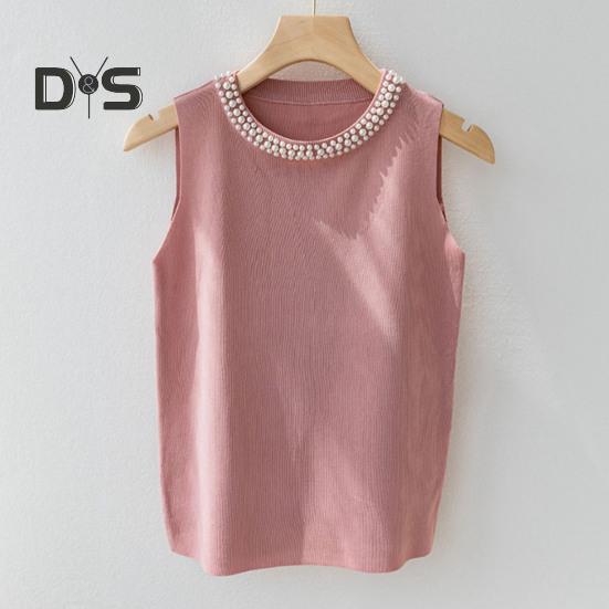 Damska kamizelka dziewiarska z okrągłym dekoltem, bez rękawów, sztuczne perły, ozdobne topy, dopasowany krój, jednolity kolor, rozciągliwe topy
