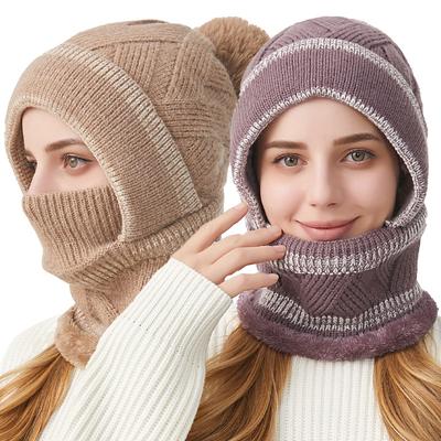 Damenmütze Winter Dicke Verbundene Strickmütze Schal Gestrickte Fleece Warme Mütze