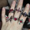 Goth Punk Retro Red Crystal Love Heart Cross Geometry Irregular Open Ring Set Y2K Halloween Accessories For Women  Jewelry