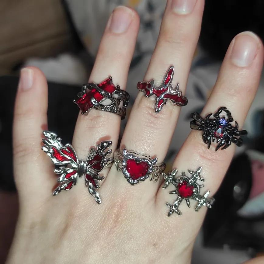 Goth Punk Retro Red Crystal Love Heart Cross Geometry Irregular Open Ring Set Y2K Halloween Accessories For Women  Jewelry