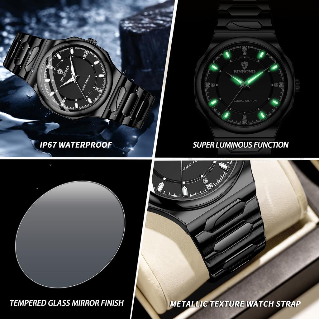 BINBOND Original Top Brand Men's Watches Luminous Waterproof Watch For Man Durable Stainless Steel Strap Luxury Reloj New