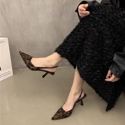 2025 New Fashion French Pointed Leopard Print High Heels Bag Head Sandals Suede Spring and Summer New Single Shoes Fairy Style