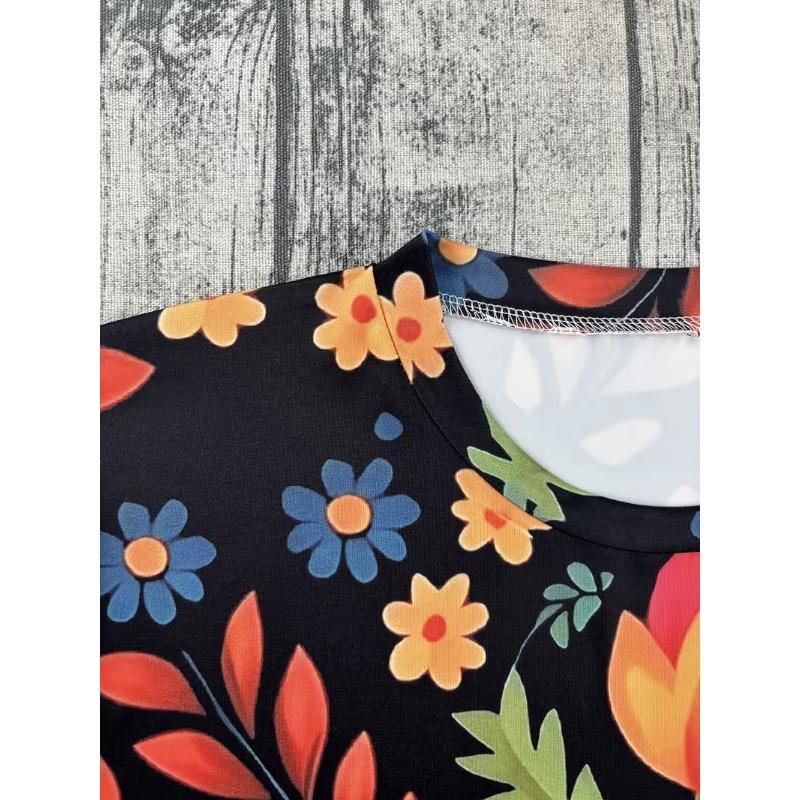 3D Digital Women's Retro Colorful Flower Printed T-shirt Short Sleeve Round Neck Summer Top Full Body Flower Pattern