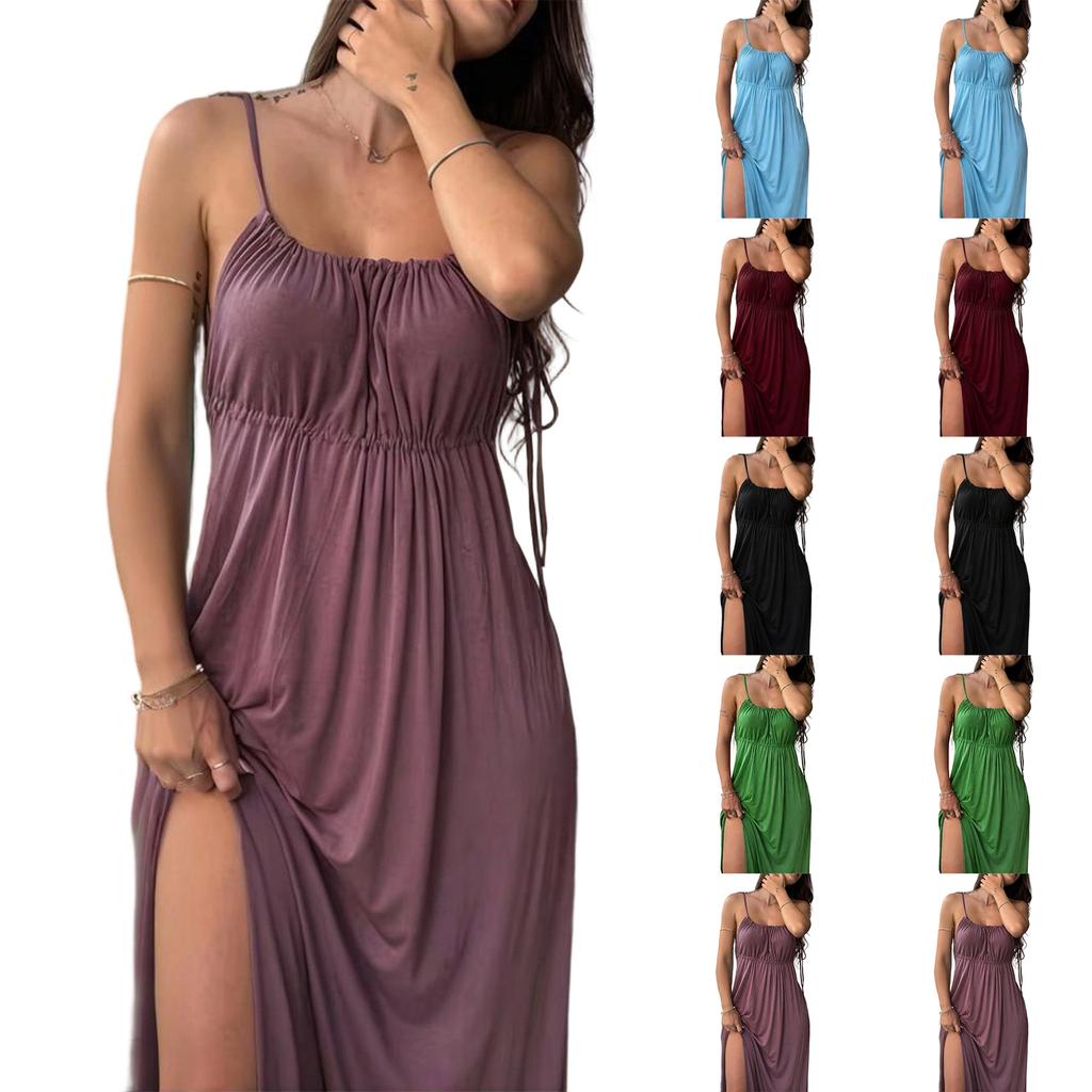 Women's Fashionable Casual Sleeveless French Sweet Summer Plus Size Drawstring Loose Suspender Dress, Lazy Color Long Dress With A High-end Feel