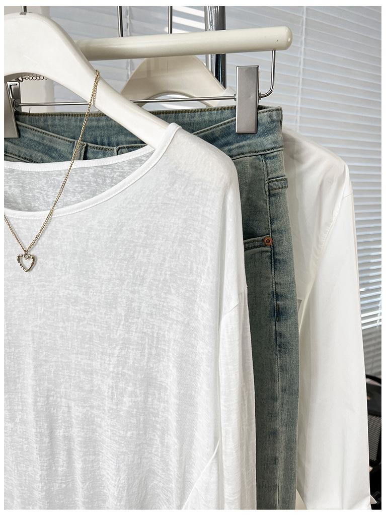 Women's Blue Off-the-Shoulder Sun Protection Long-Sleeve T-Shirt, Summer Loose Fit Cover-Up Top