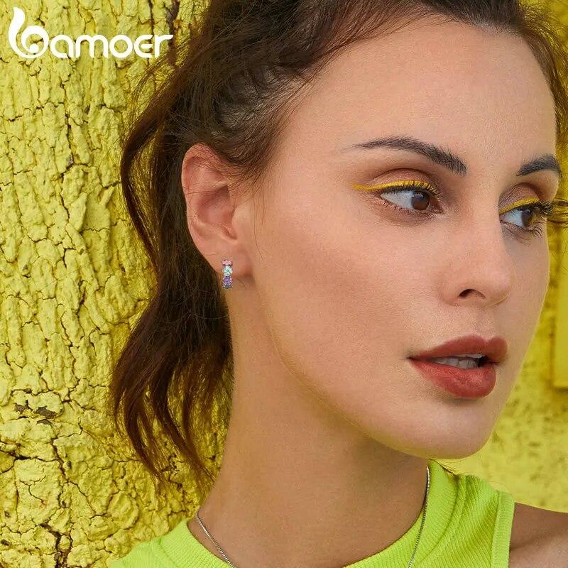 Cercei cu cerc cu flori multicolore din argint 925 BAMOER, cu flori emailate, catarame pentru urechi, pentru femei, fete, petrecere, bijuterii fine