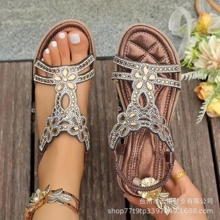 

Fashion Plus Size 36-46 Women Shoe Rhinestone Flat Sandals Elastic Band Beach Shoes for Women Fashion Casual Open Toe Sandalias De Mujer 43 темно-коричневого