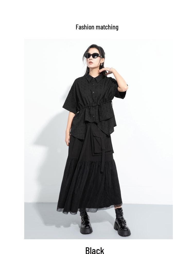 Dark Style A-Line Mesh Patchwork Skirt: Casual, Mid-Length, Elastic Waist, Irregular Flare
