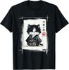 Camiseta Novedad Kawaii Divertida Gato Samurai Arte Japonés Sumi-e