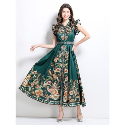 Sommer Damen Vintage Print Umlegekragen Fliegenärmel Einreihig Lang Maxi Urlaubs-Strandkleider mit Gürtel