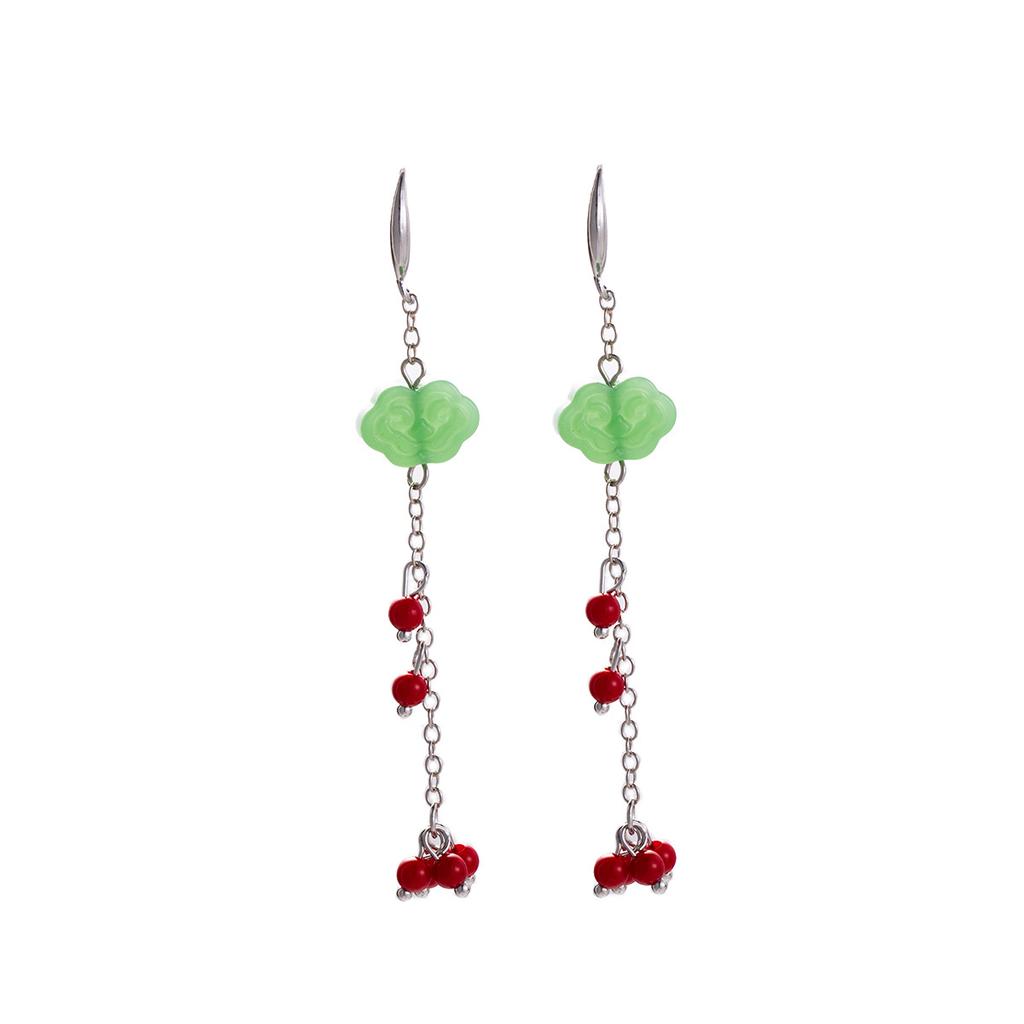 Green Auspicious Cloud Round Bead Fringed Ear Hook, Ancient Style And National Tide High-End Sense, Small Fresh And Fashionable Temperament Earrings