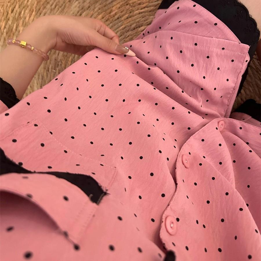 Korean high-end polka dot simple girl pajamas summer black lace short-sleeved shorts two-piece loungewear