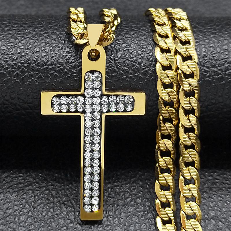Christian Crystal Cross Pendant Necklace for Men Women Stainless Steel Gold Color Rhinestone Religion Necklaces Jewelry NZZZ493