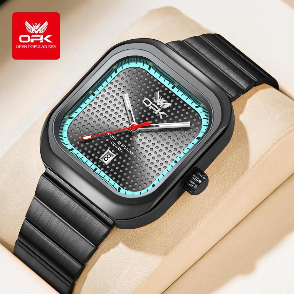 OPK 6041 Elegant Square Man Watch Steel Strap Waterproof Luminous Auto Date Men's Watches Original Quartz Wrist Watches for Men
