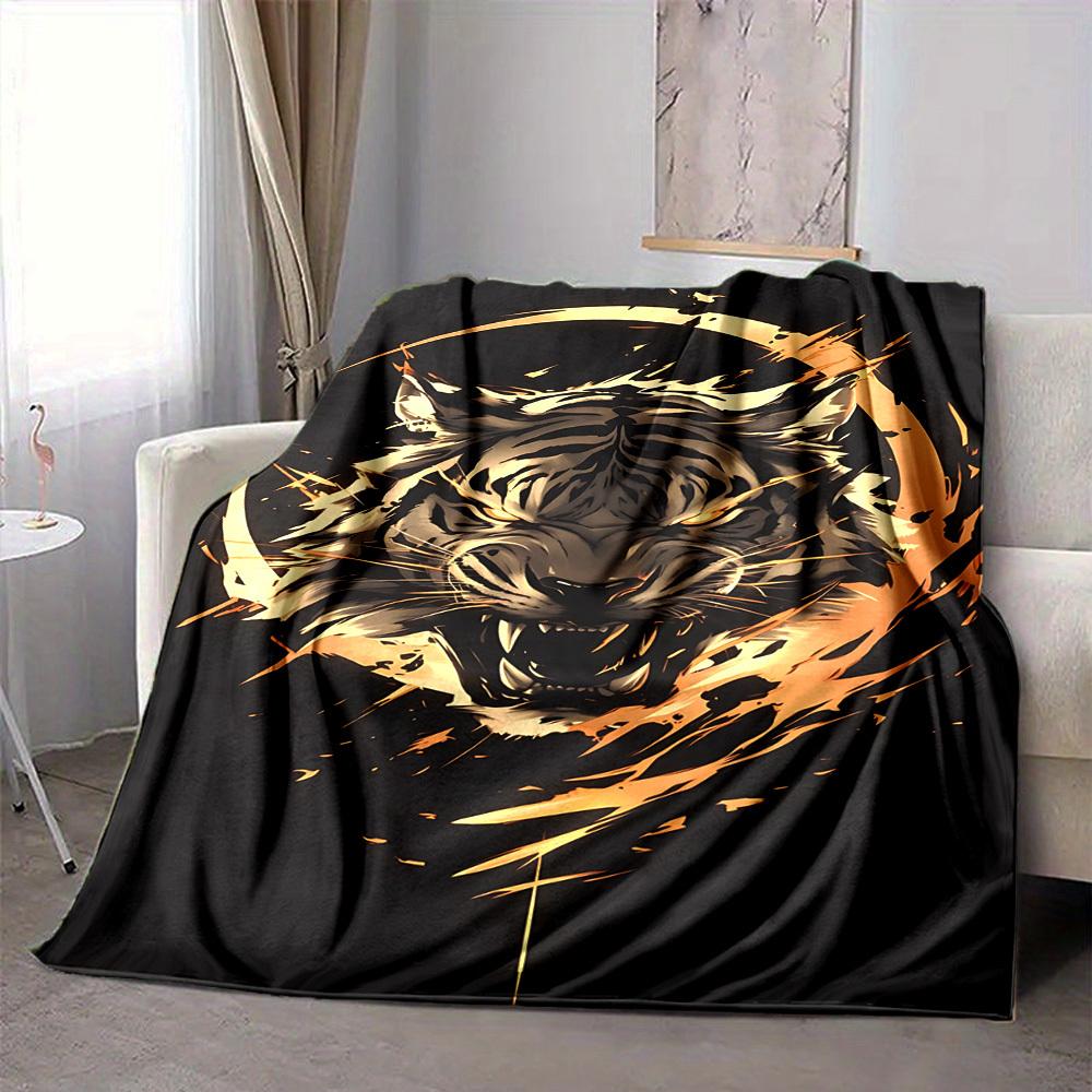 1pc Tiger Head Design Blanket, Lightweight Flannel Throw For Sofa, Bed, Travel, Camping, Livingroom, Office, Couch, Chair