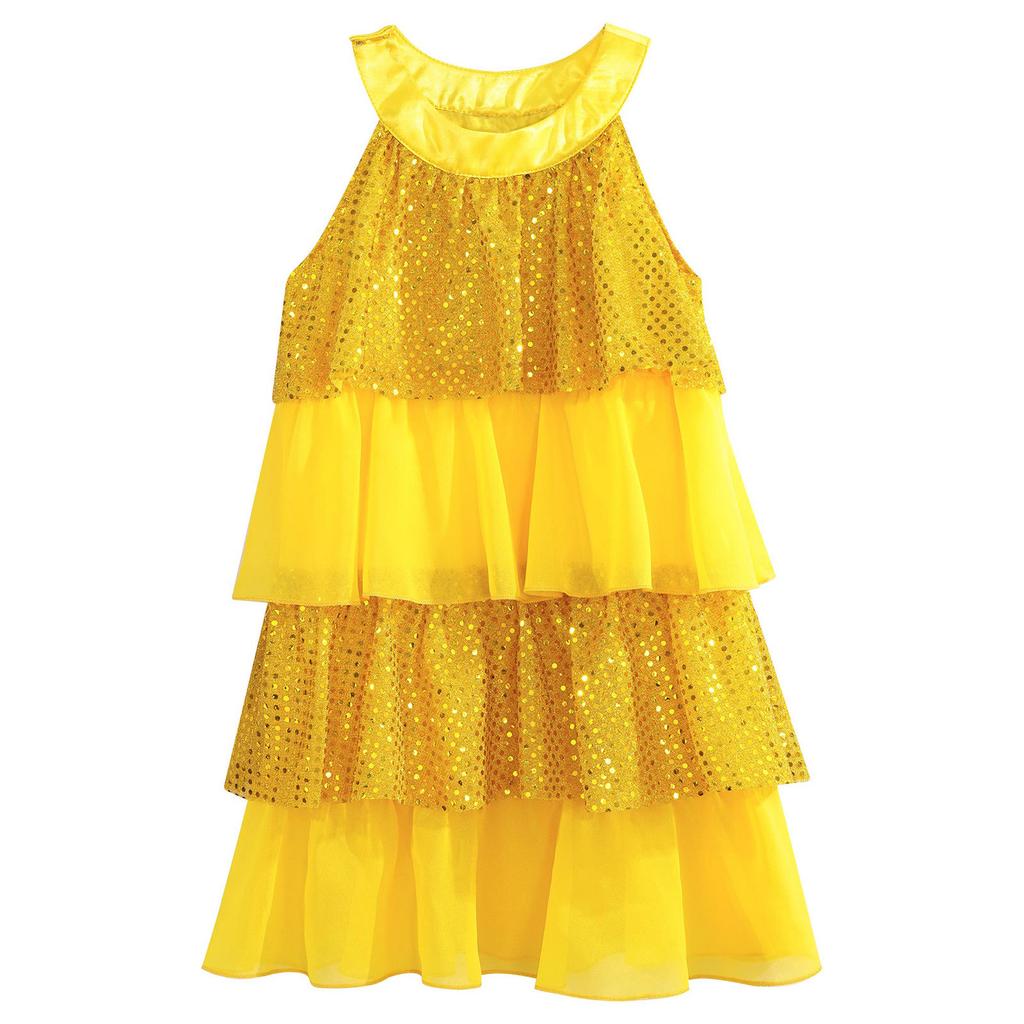 Gestuftes Rüschen-Mädchen-Tanzkleid Glänzende Pailletten Patchwork A-Linie Ärmellos Aufführungskostüm