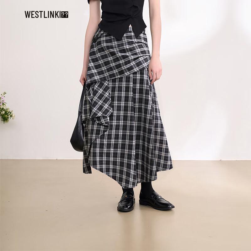 

West Avenue Deconstructionist Asymmetrical Black & White Plaid Midi Skirt 27
