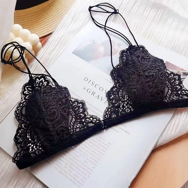 

Кружевной бюстгальтер французского стиля на тонких бретелях, без косточек, ультратонкий, дышащий, с открытой спиной, с застежкой спереди, чашка-треугольник 34/75 чёрный
