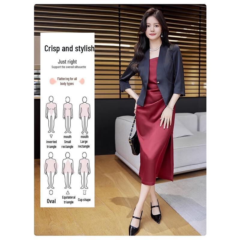 Teluoman Women's Petite Acetate Satin Blazer & Dress Set