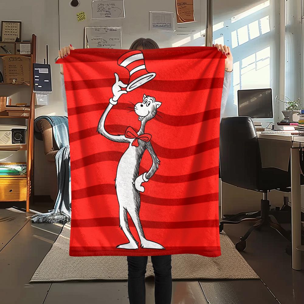 The Cat in the Hat Print Flannel Blanket, High quality Comfortable for All Seasons, Home Decor, Warmth and Comfort