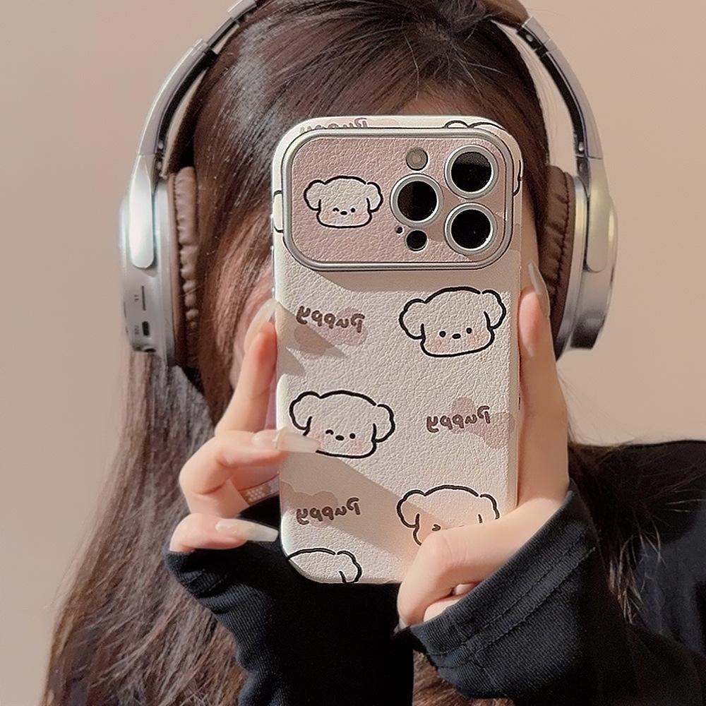 Creamy cute puppy case suitable for iPhone 16, Apple 15, 17 Pro Max, leather 11/14 soft cover