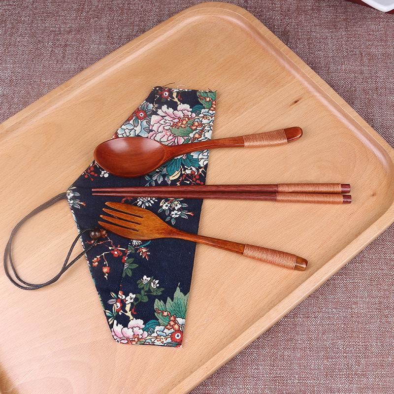 Japanese Style Portable Cutlery Set: Wooden Chopsticks, Fork, Spoon with Binding Wire and Cloth Bag for Outdoor Travel