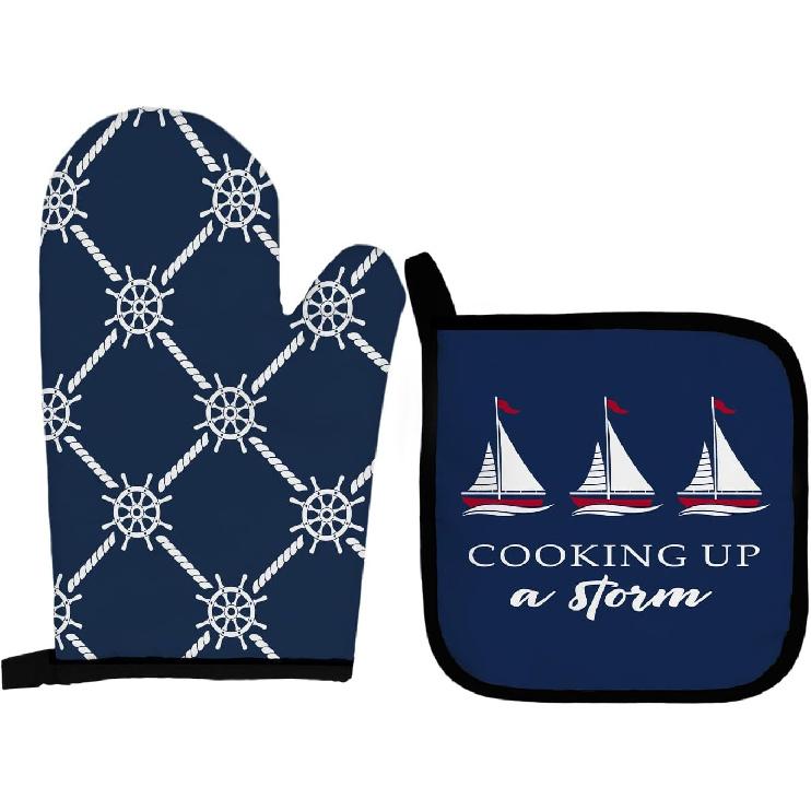 Navy Blue Nautical Boat Oven Mitts and Pot Holders Sets, Lake Beach House Gifts Oven Mitts, Cooking Up a Storm Navy Blue Over Mittens for Kitchen