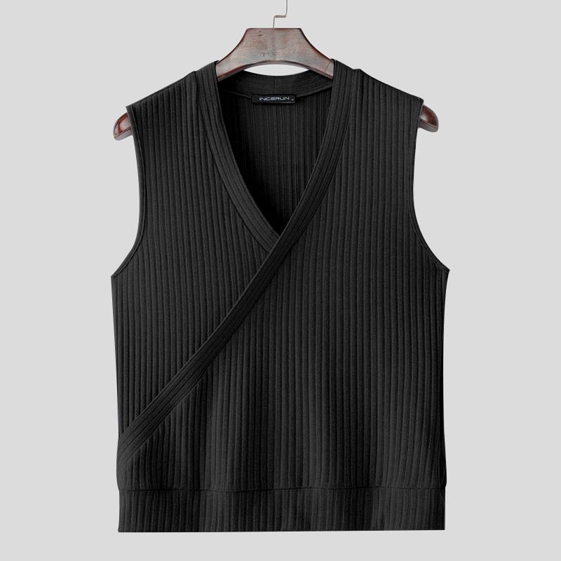 INCERUN Summer Men V Neck Front Cross Solid Rib Casual Tank Tops Undershirts