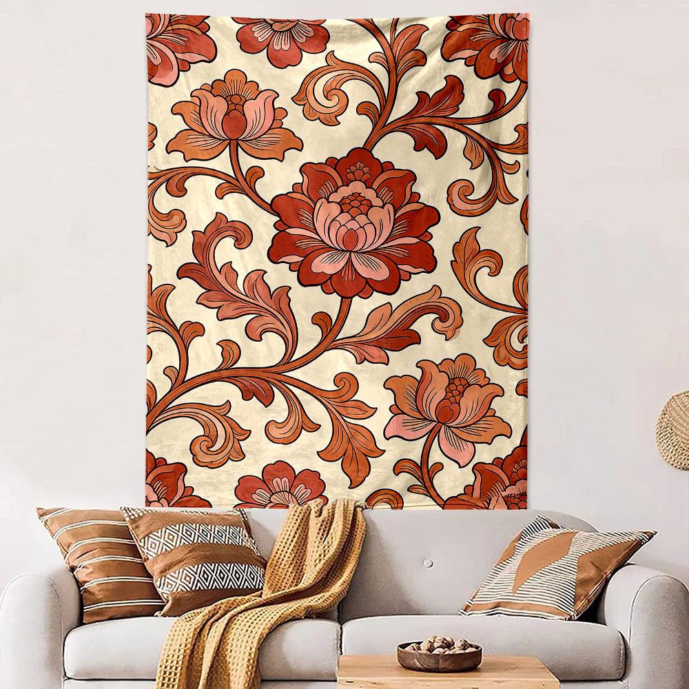 Floral Pattern with Red Blooms and Vines Patterned tapestry home decor, suitable for bedroom and living room, gift