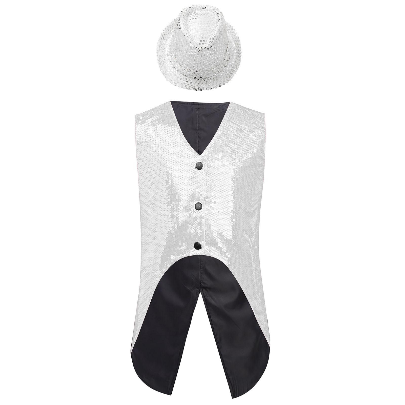 

Комплект для хлопчиків: безрукавка з асиметричним подолом, вкрита блискучими паєтками, капелюх, костюм для джазового танцю, виступу на сцені, вечірки з нагоди дня народження 5-6 Years срібний