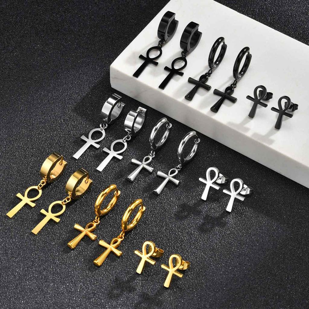 Orecchini a Cerchio Huggies con Croce Ankh per Uomo Donna, Orecchino Piercing Impermeabile in Acciaio Inossidabile, Gioiello Regalo con Croce Egizia