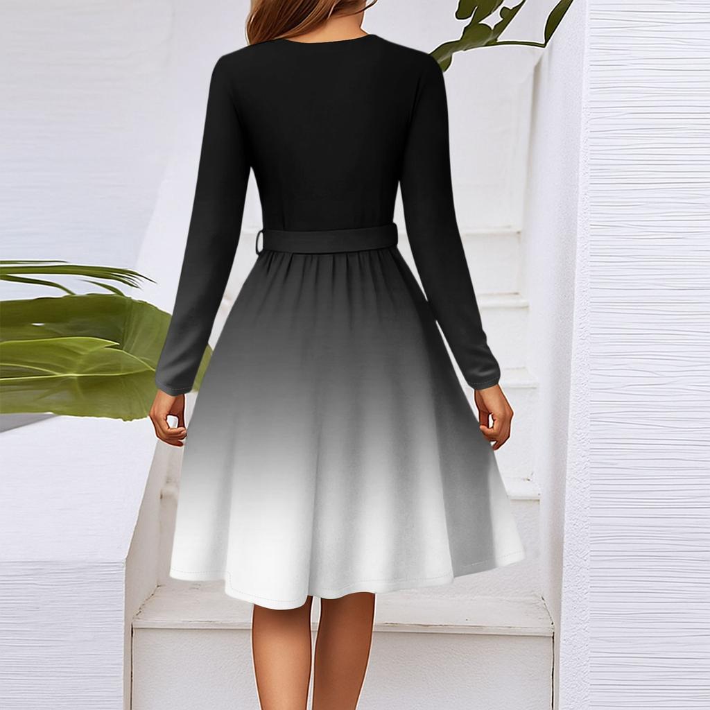 Women's Fashion Casual V-Neck Long Sleeve Waist Gradient Printed Midi Dress