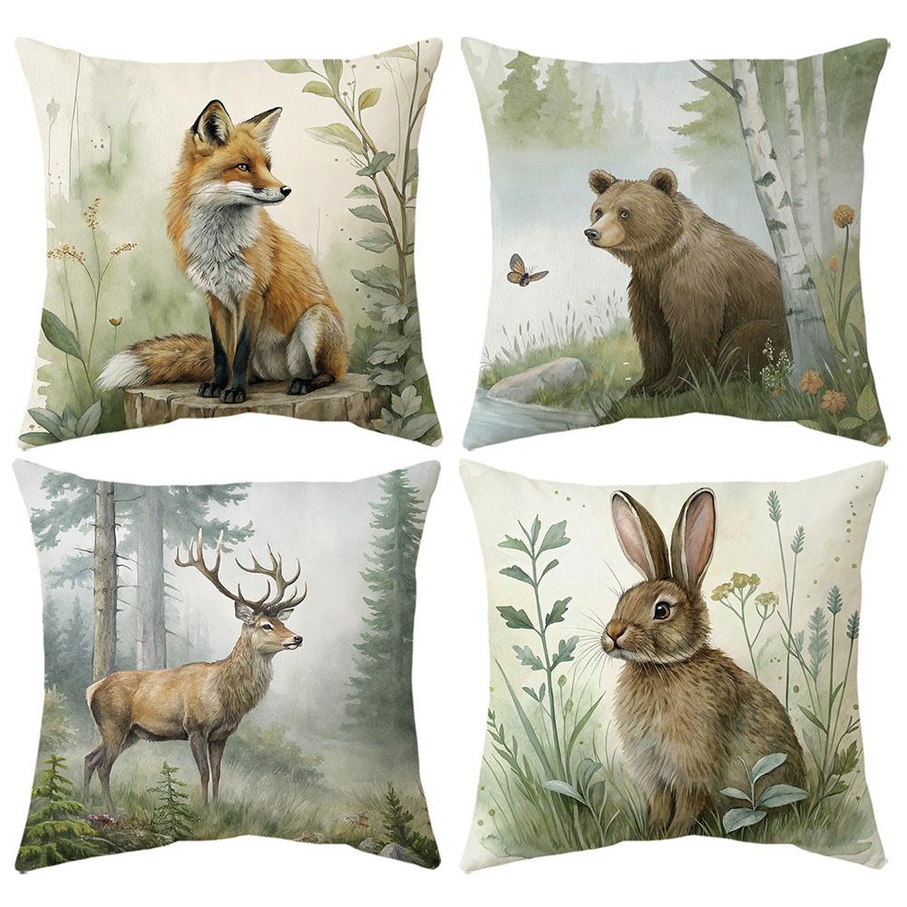 Wildlife-Printed Decorative Pillowcases: Fox, Bear, Deer, and Rabbit Designs Sofa cushion cover home room decoration