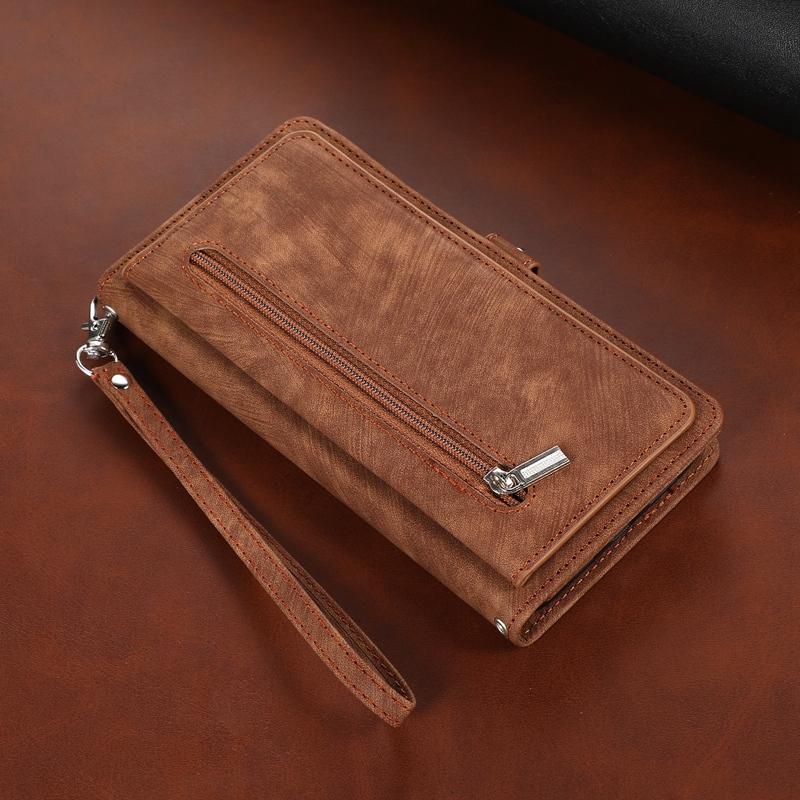 9 Card Slots Zipper Wallet Case for iPhone 14 13 12 11 Samsung S23 S22 S21 S20 A13 A33 A53 Xiaomi Google Leather Wrist Strap Phone Cover