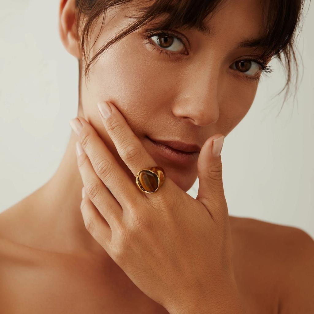 Maillard Style Medieval Store Jewelry Natural Tiger Eye Gem Ring Women'S Retro Niche Design Gold Ring