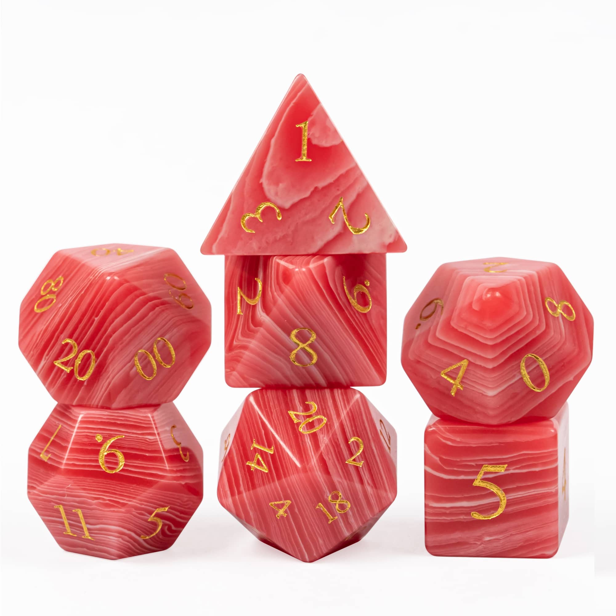 Cusdie 7 Stuks Handgemaakte Agate Dobbelstenen 16mm Polyhedrisch Steen Dobbelstenen Set met Leren Doos D4-D20 Edelsteen Dobbelstenen voor Collectie Cadeau