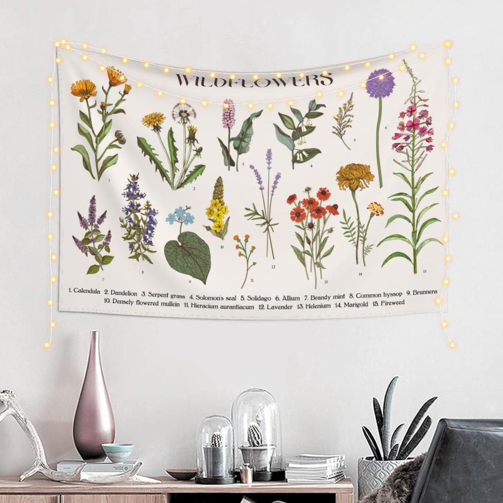 Wildflowers Vertical Wall Hanging, Illustrative Reference Chart Tapestry With Word, Beige White Vintage Tarot Flag Straight