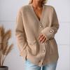 2025 Autumn/Winter Women's Long Sleeve V-neck Solid Color Knit Cardigan Sweater with Pockets