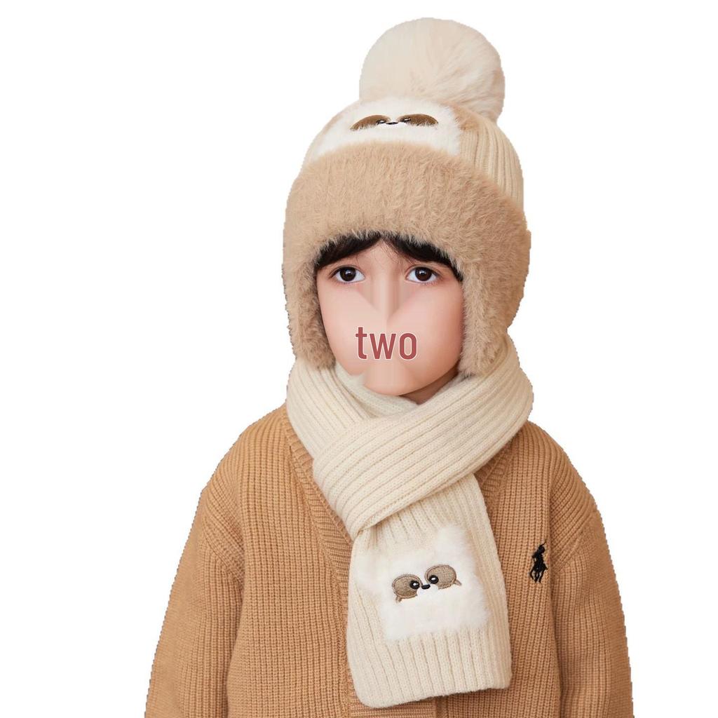 Children's Wool Hat and Scarf Set with Warm Ear Protection and Thick Baby Cartoon Pullover Cotton Lining, for Boys and Girls.